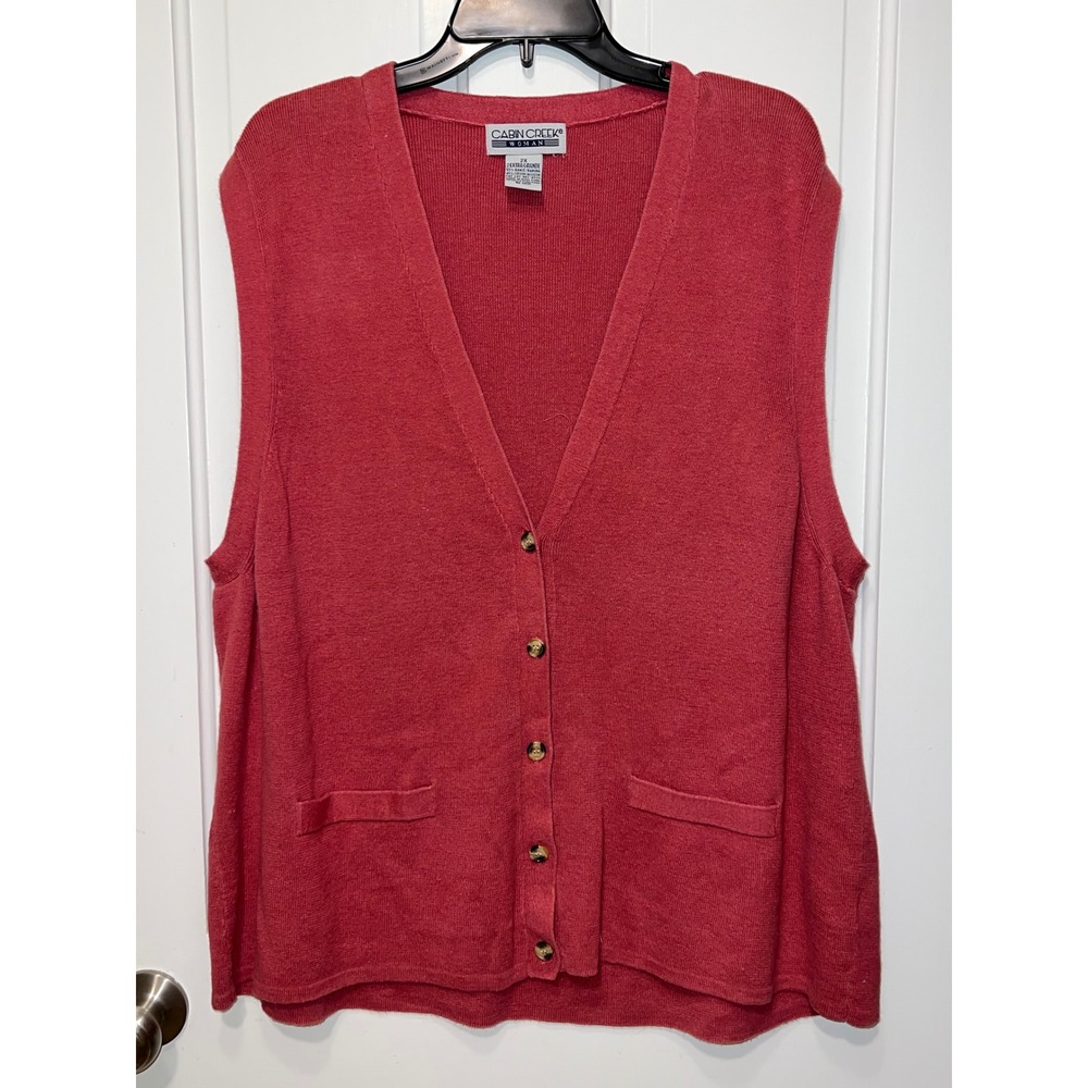 Vintage Cabin Creek Woman Red Knit Button Front Sweater Vest V-Neck Plus Size 2X